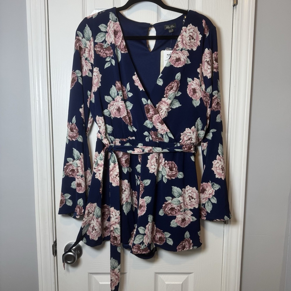 Lily Rose Navy Blue‎ Floral Long Slit Sleeve Romper Size Large L Wrap Keyhole